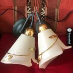 2 Wandlampen dikke glazen lampenkap wit - groen - goud, Ophalen of Verzenden, Zo goed als nieuw, Glas, Vintage / klassiek