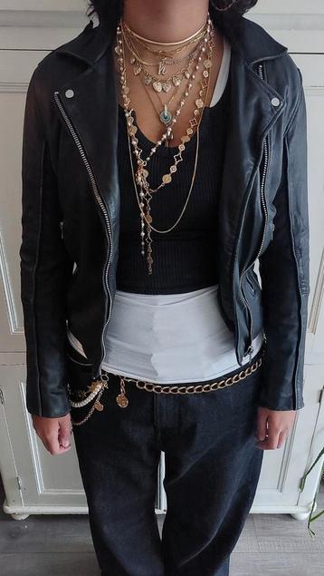 Zara black leather biker jacket with long zips L beschikbaar voor biedingen