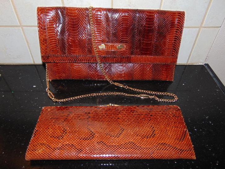 Vintage handtas met clutch in slang Luis Esteve, Sieraden, Tassen en Uiterlijk, Tassen | Damestassen, Gebruikt, Handtas, Bruin