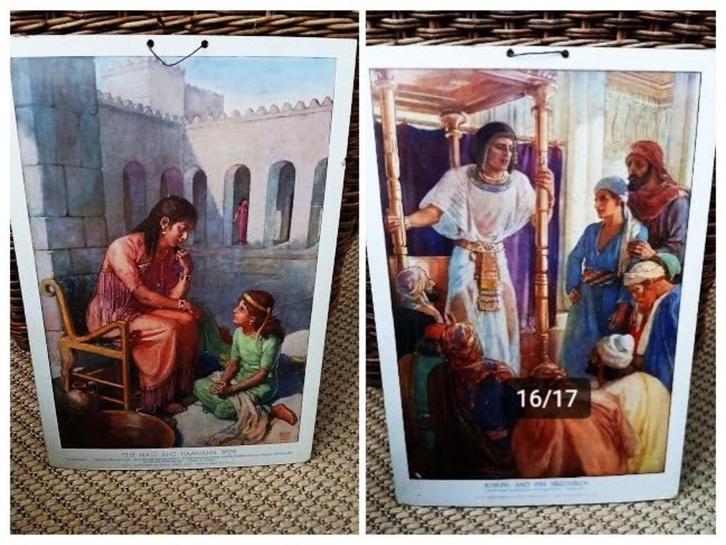 2 stuks oude bijbelse schoolplaten religie 34,5 x 50,5 cm, Antiek en Kunst, Curiosa en Brocante, Ophalen of Verzenden