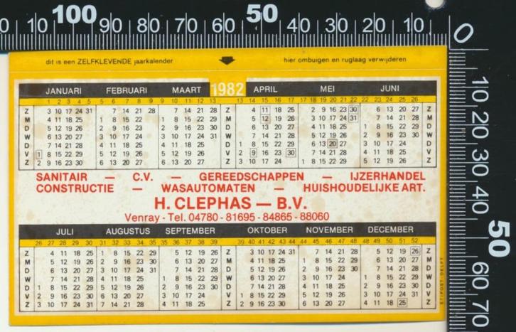 Sticker: Clephas - Jaarkalender 1982 - Venray, Verzamelen, Stickers, Zo goed als nieuw, Bedrijf of Vereniging, Ophalen of Verzenden