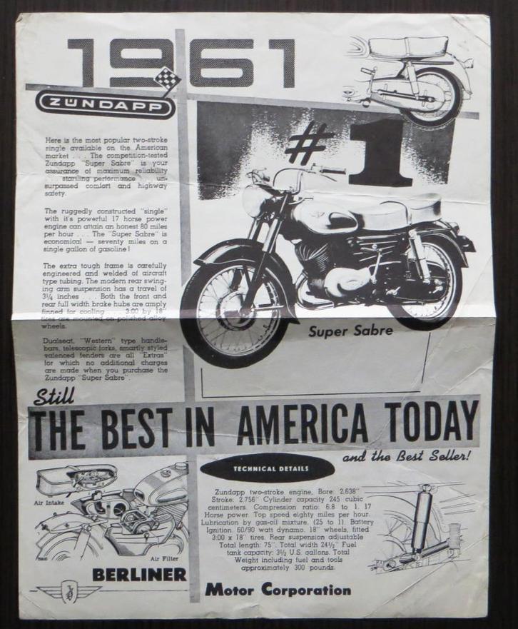 Folder Zündapp Super Sabre 250 - 1961 (USA) - 250 Trophy S, Motoren, Handleidingen en Instructieboekjes, Overige merken, Verzenden
