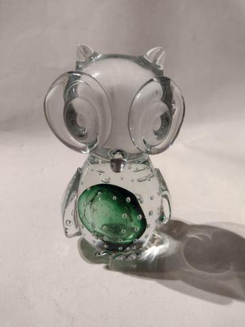 presse papier glazen spijkerbol uil H 12,5 cm blank + groen beschikbaar voor biedingen