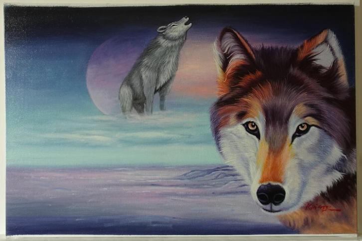 Modern Schilderij met Wolven, Acrylverf op Doek, Antiek en Kunst, Kunst | Schilderijen | Modern, Ophalen