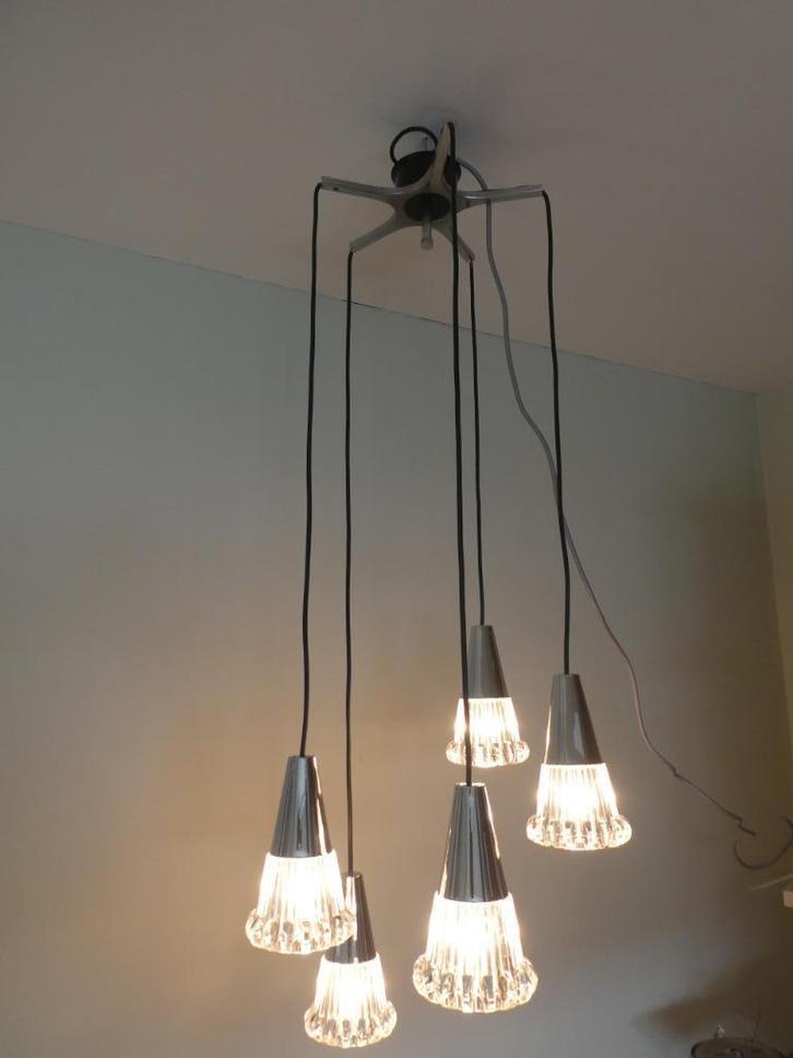 Vintage jaren 60 Cascade 5 spins hanglamp, Huis en Inrichting, Lampen | Hanglampen, Gebruikt, 75 cm of meer, Glas, Metaal, Ophalen of Verzenden