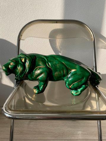 Antiek Groen Keramiek Beeld Leeuw in Faïence - Jaren 1950 beschikbaar voor biedingen