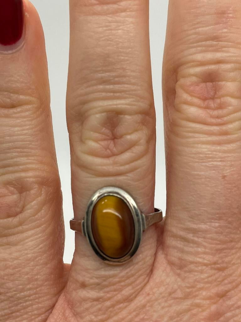 C306 Prachtige zilveren ring tijgeroog steen maat 18,5, Ophalen of Verzenden, Zilver, Ring, Met edelsteen