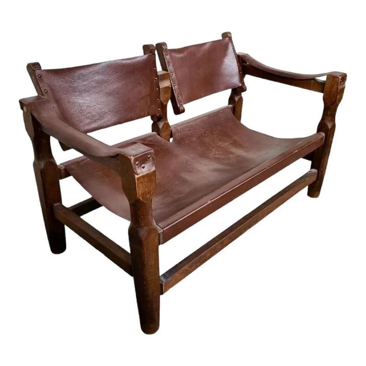 Bruine leren 'safari' tweezitter, Deens design, 1960s, Antiek en Kunst, Antiek | Meubels | Stoelen en Banken, Ophalen of Verzenden