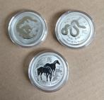 3x 1/2 Oz Silver Lunar Dragon 2012, Snake 2013, Horse 2014, Ophalen of Verzenden, Zilver