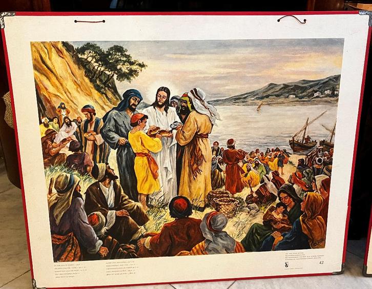 Oude schoolplaat nr.42: Wonderbare broodvermenigvuldiging, Antiek en Kunst, Antiek | Schoolplaten, Overige thema's, Ophalen