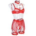 Rood doorzichtig mesh lingerie setje string bh jarretels, Kleding | Dames, Ondergoed en Lingerie, Verzenden, Rood, Setje