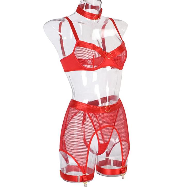 Rood doorzichtig mesh lingerie setje string bh jarretels, Kleding | Dames, Ondergoed en Lingerie, Setje, Rood, Verzenden