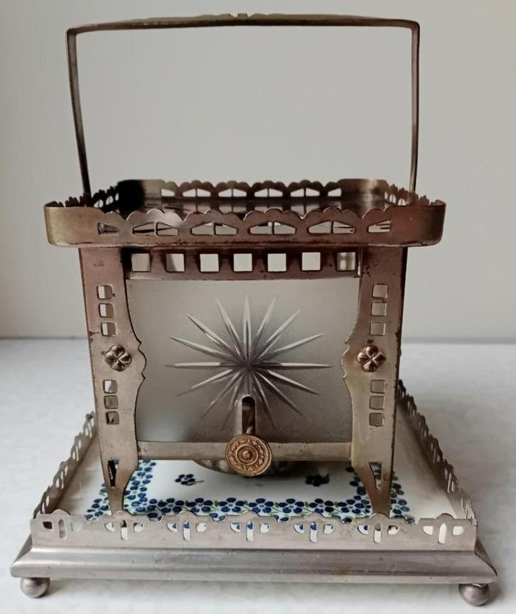 Art-deco vierkant theelichtje met geetst glas, Antiek en Kunst, Antiek | Servies los, Ophalen of Verzenden