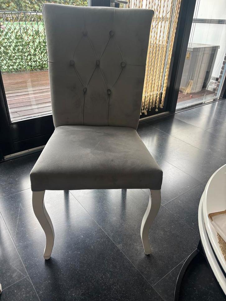 6 Luxe eetkamerstoelen, Huis en Inrichting, Stoelen, Gebruikt, Vijf, Zes of meer stoelen, Stof, Grijs, Ophalen of Verzenden