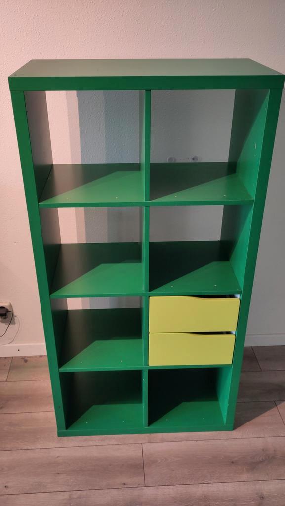 Ikea Kallax 4x2 groen met lades - Speelgoedkast, Huis en Inrichting, Kasten | Boekenkasten, Gebruikt, 150 tot 200 cm, Minder dan 100 cm