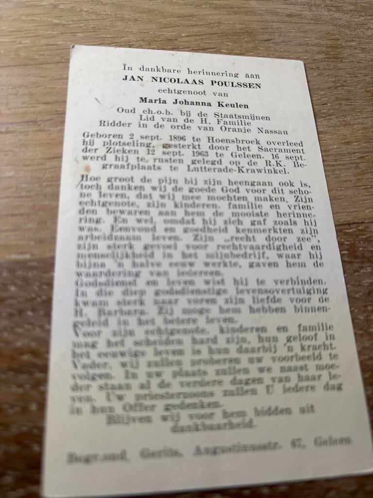 Poulssen Jan 1896 Hoensbroek 1963 Geleen x Keulen - 28371, Verzamelen, Ophalen of Verzenden, Bidprentje