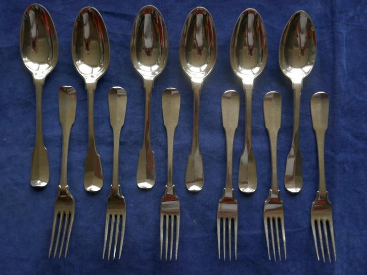 6 zilveren couverts: 6 lepels en 6 vorken vioolbak dubbellof, Antiek en Kunst, Antiek | Goud en Zilver, Zilver, Ophalen of Verzenden