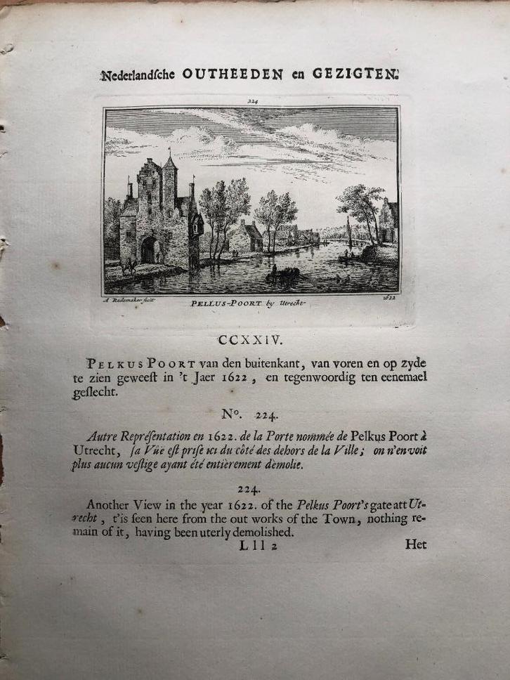 224 / Utrecht de Pelluspoort Kopergravure 1732, Antiek en Kunst, Kunst | Etsen en Gravures, Ophalen of Verzenden