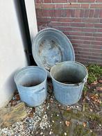 2 grote zinken emmers en een zinken teil., Ophalen, Gebruikt, Rond, Metaal