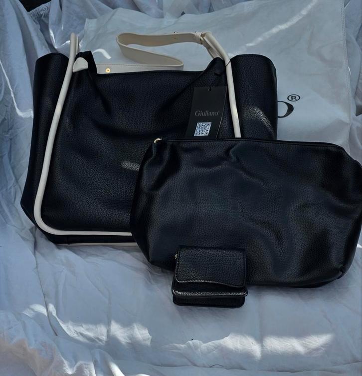 Giuliano Handtas Set Zwart/Wit + Etui & Portemonnee - Nieuw, Sieraden, Tassen en Uiterlijk, Tassen | Damestassen, Nieuw, Handtas
