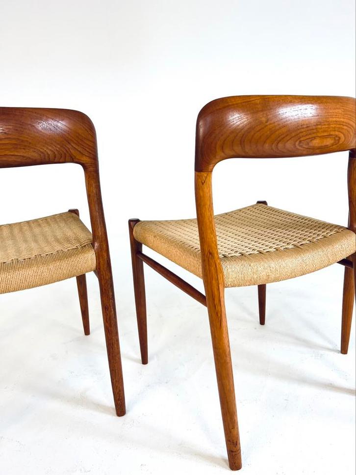 Set van 3 vintage model No. 75, Niels Otto Møller ‘60, Huis en Inrichting, Stoelen, Zo goed als nieuw, Drie, Hout, Riet of Rotan