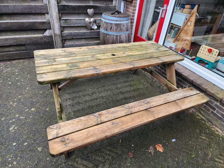 Houten picknicktafel, Tuin en Terras, Picknicktafels, Gebruikt, Rechthoekig, Hout, Inklapbaar, Ophalen