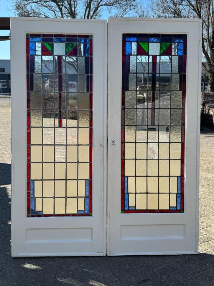 Set schuif en-suite deuren met glas in lood 203.5/206.5x82, Antiek en Kunst, Curiosa en Brocante, Ophalen