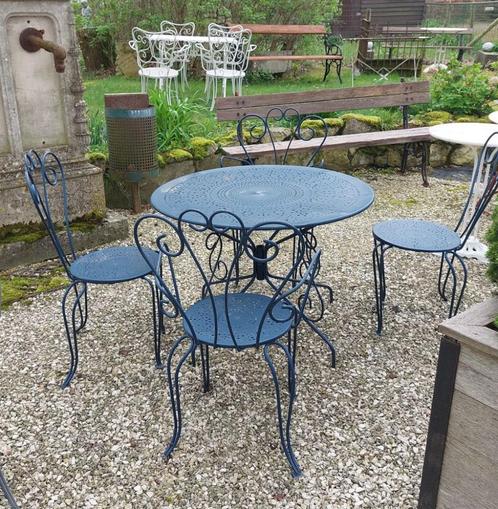 Leuke oude blauwe bistroset  bistrotafel met 4 stoelen, Antiek en Kunst, Curiosa en Brocante, Ophalen