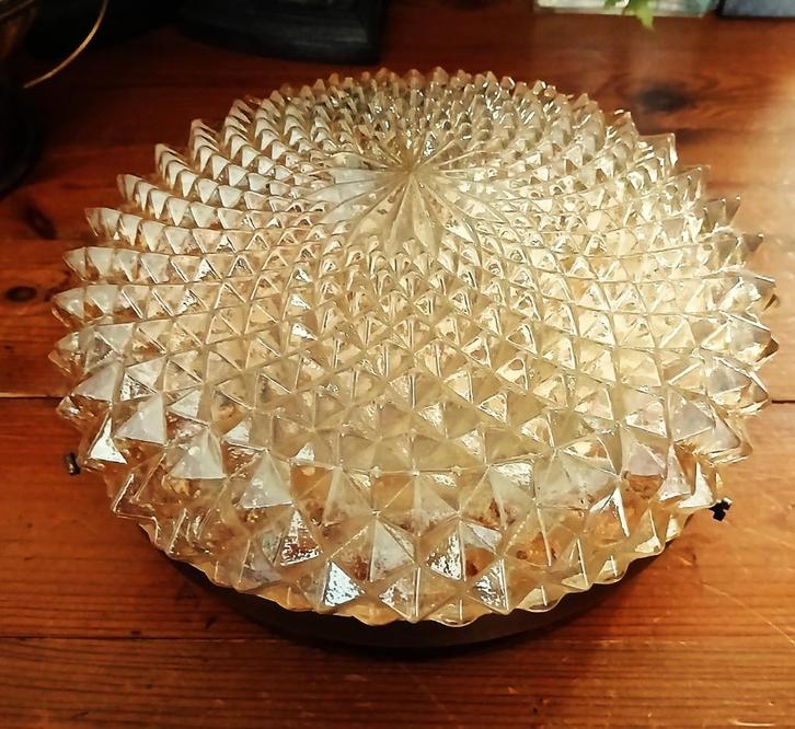 Plafondlamp retro iriserend amber messing vintage rond, Verzamelen, Retro, Huis en Inrichting, Ophalen of Verzenden