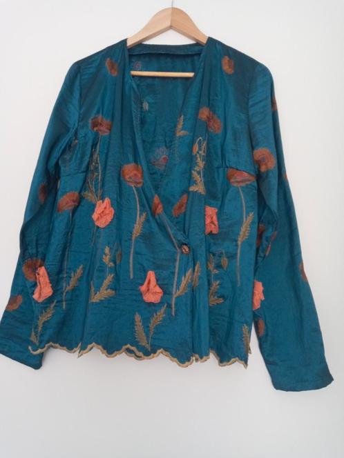 Mt.44 prachtig jasje petrol borduur roze oranje bloem groen, Kleding | Dames, Gelegenheidskleding, Zo goed als nieuw, Overige typen