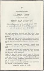 Jacobus Verest 1891 Heeze + 1967 Breda, 76 jaar oud, Verzenden, Bidprentje