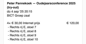 4 Kaarten Peter Pannekoek 4 sept beschikbaar voor biedingen