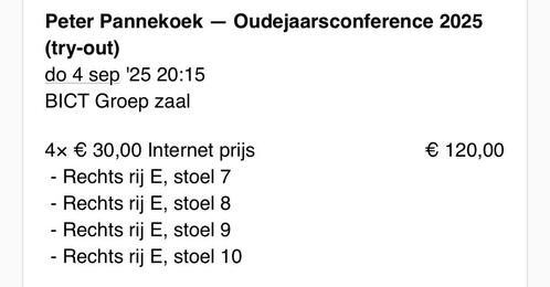 4 Kaarten Peter Pannekoek 4 sept, Tickets en Kaartjes, Kortingen en Cadeaubonnen, Drie personen of meer, Overige typen, Overige soorten