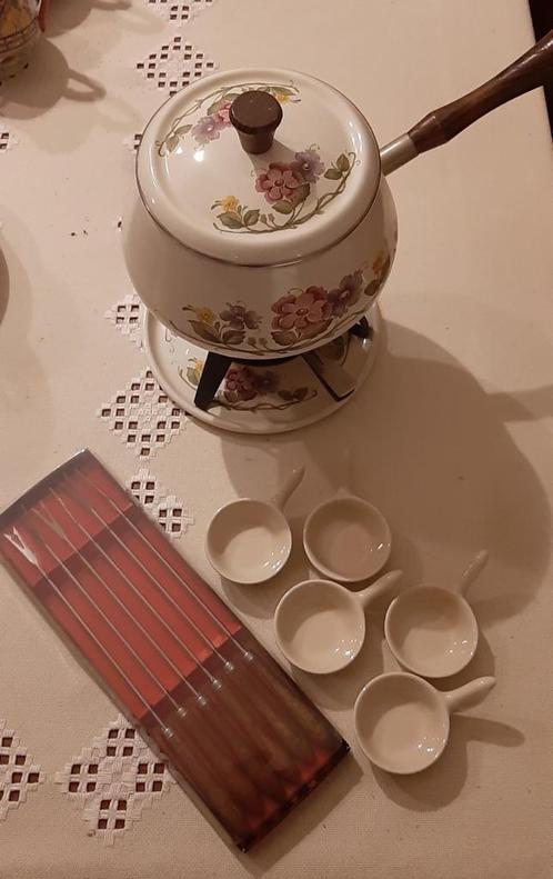 Vintage emaille fondueset, Witgoed en Apparatuur, Fonduesets, Brander, Ophalen of Verzenden