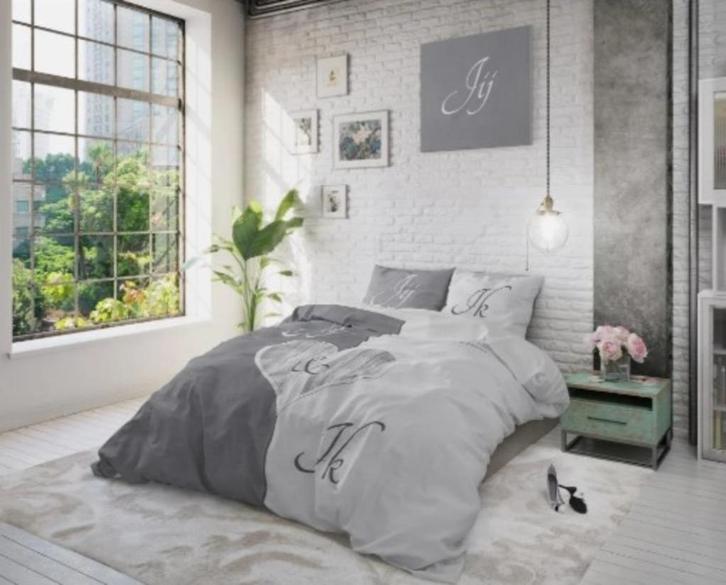 Jij en ik Grey - Lits jumeaux dekbedovertrek, Huis en Inrichting, Slaapkamer | Beddengoed, Zo goed als nieuw, Dekbedovertrek, Tweepersoons