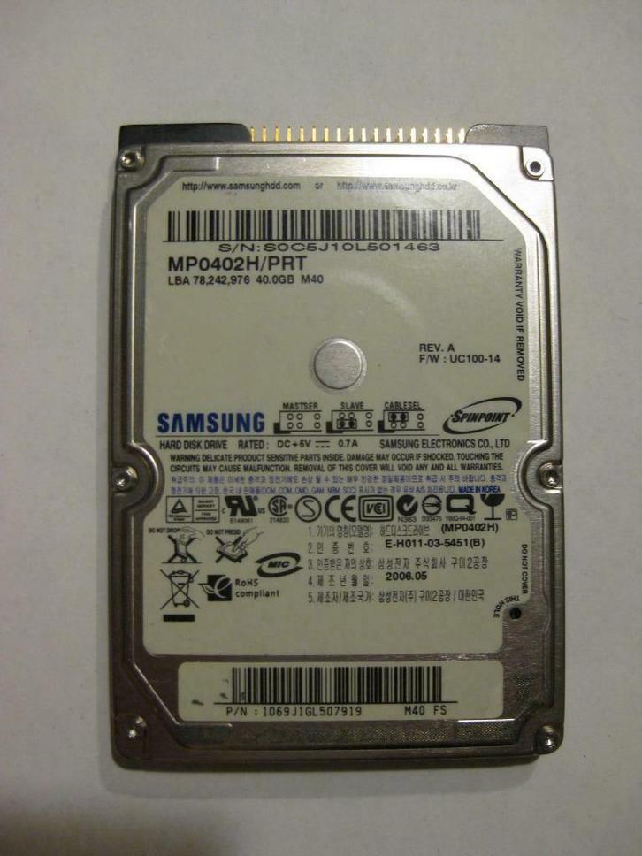 Nieuw Samsung 40GB 5400rpm 2,5" IDE laptop harddisk, Computers en Software, Harde schijven, Zo goed als nieuw, Laptop, Intern