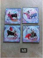 Onderzetters glas 9x9 cm stieren gevecht 4 stuks, Ophalen of Verzenden, Zo goed als nieuw, Glas of Kopje