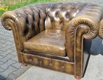 Chesterfield bank + fauteuils olijfgroen leer + BEZORGING, Chesterfield, Gebruikt, Leer, Ophalen of Verzenden