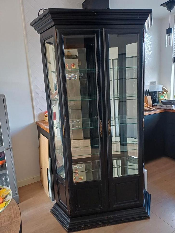 Vitrinekast hout met glasplaten en spiegelwand, Huis en Inrichting, Kasten | Vitrinekasten, Gebruikt, 150 tot 200 cm, 100 tot 150 cm