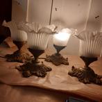 Franse brocante lamp koper montuur en gesatineerd rokkapje., Ophalen of Verzenden