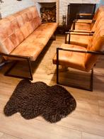 Robuuste industriële leren eetbnk met 3 stoelen, Huis en Inrichting, Ophalen of Verzenden, Metaal, Industrieel