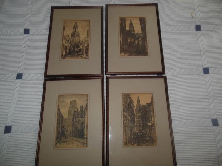 4 ingelijste etsen van O.P.Matthes, per stuk, Antiek en Kunst, Kunst | Etsen en Gravures, Ophalen