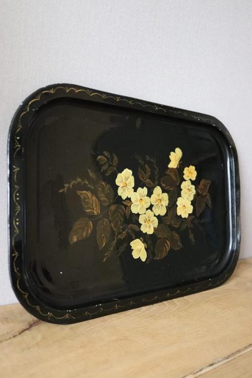 beschilderd dienblad met bloemen, Huis en Inrichting, Woonaccessoires | Dienbladen, Gebruikt, Metaal, Rechthoekig, Ophalen of Verzenden