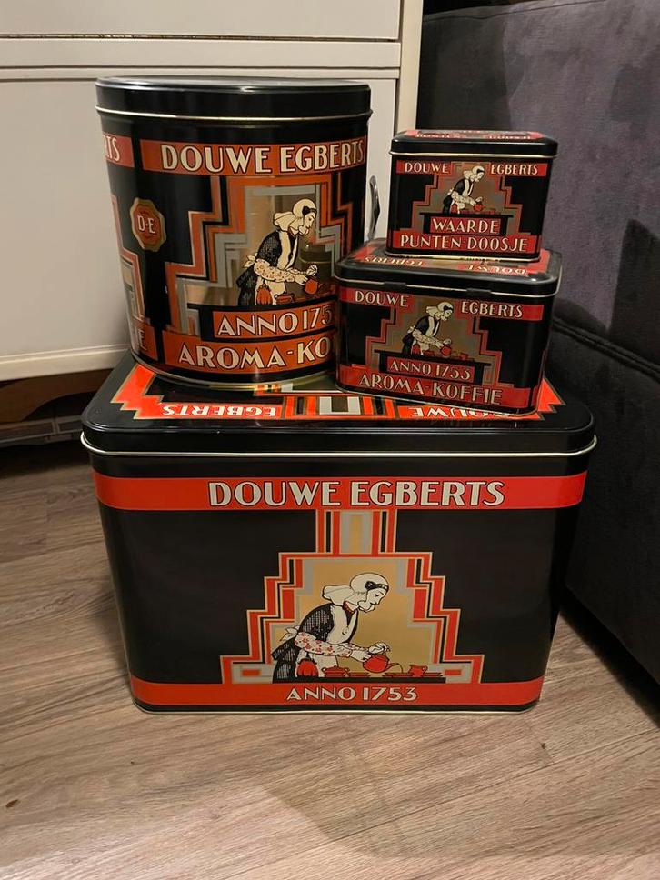 4 Vintage / Retro Douwe Egberts koffie blikken, Verzamelen, Blikken, Zo goed als nieuw, Koffie, Douwe Egberts, Ophalen