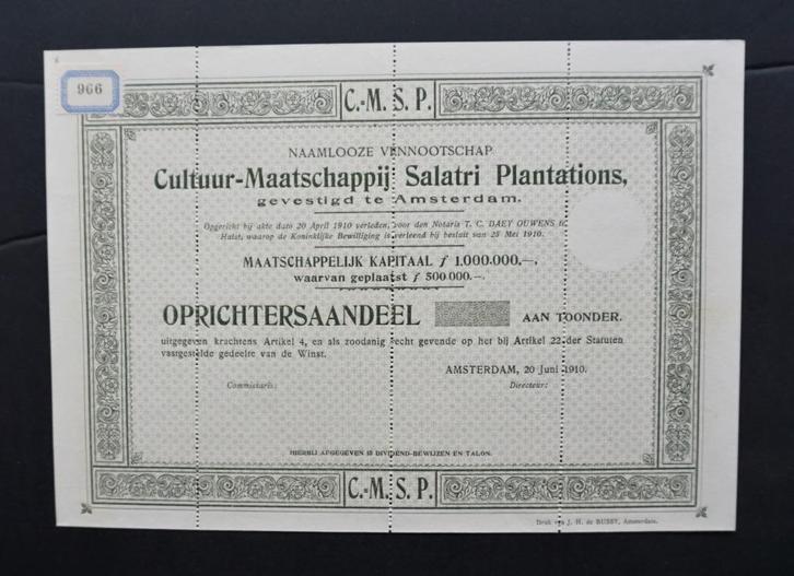 Cultuur Maatschappij Salatri Plantations (Rubber/Ned.Indie), Postzegels en Munten, Aandelen en Waardepapieren, Overige typen, Voor 1920