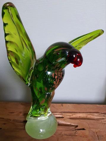 Beeld papegaai vogel murano beeld sculptuur groen glitter 