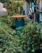 Statafel van olievat, stalen frame en hout blad - 2 stuks, Ophalen, Gebruikt, Rond, Hout