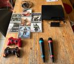 PS3 met 10 games, Singstar en 2 controllers, Met 2 controllers, Slim, Gebruikt, Met games