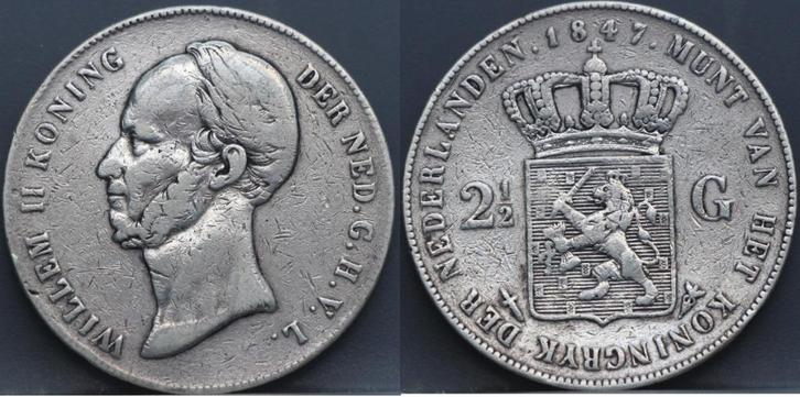 Zilveren rijksdaalder 1847 - 2 1/2 gulden 1847 - Willem 2, Postzegels en Munten, Munten | Nederland, Losse munt, 2½ gulden, Koning Willem II