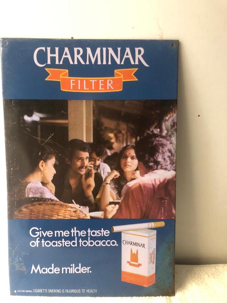 Vintage blikken reclamebord Charminar sigaretten uit India., Verzamelen, Merken en Reclamevoorwerpen, Gebruikt, Reclamebord, Ophalen of Verzenden